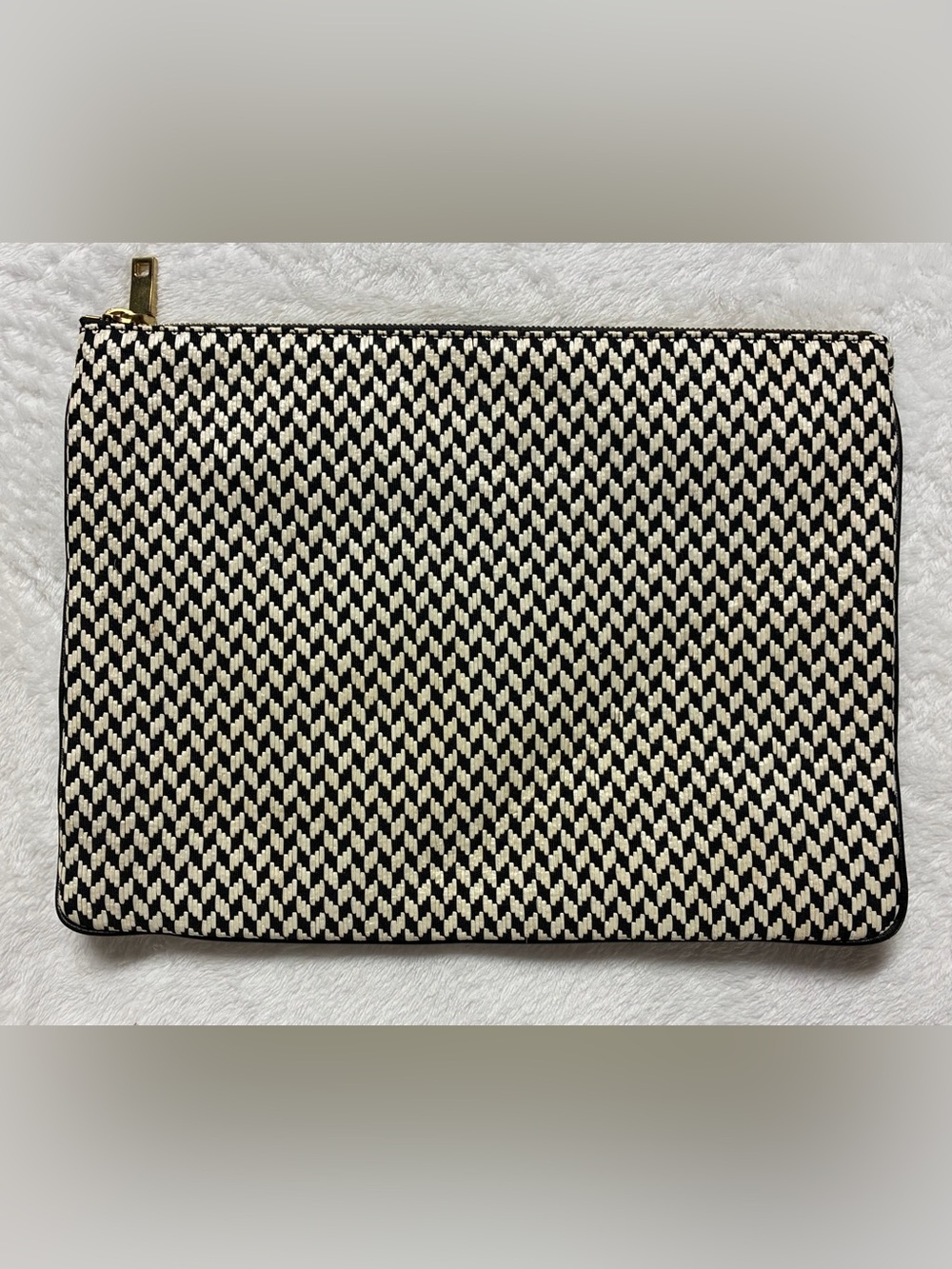 J.Crew Black & Ivory Woven Zip Clutch Pouch Gold Hardware Leather Trim